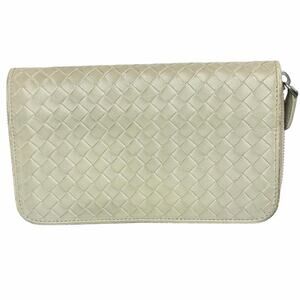 Bottega Veneta Intrecciato Weave Beige Leather Zip Around Wallet